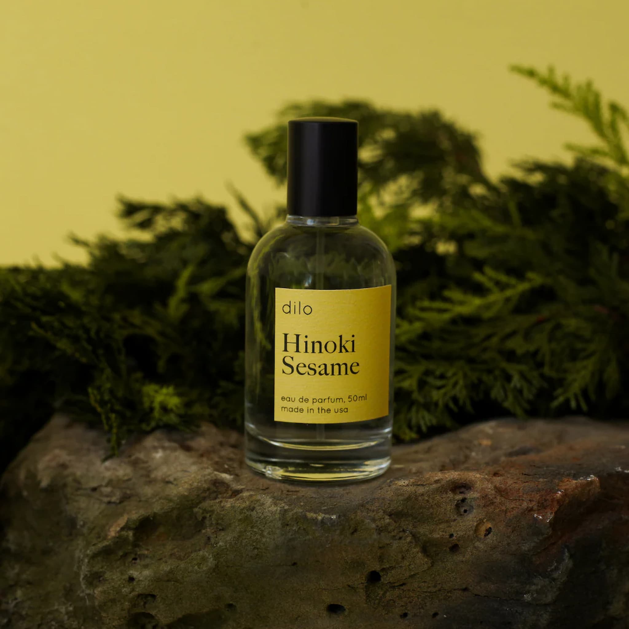 Bottle of 'Hinoki Sesame' perfume by dilo on a stone surface with green foliage in the background.