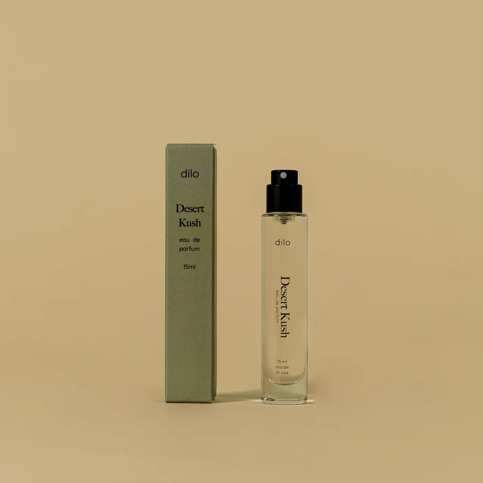 Dilo Desert Kush perfume bottle and packaging on a beige background