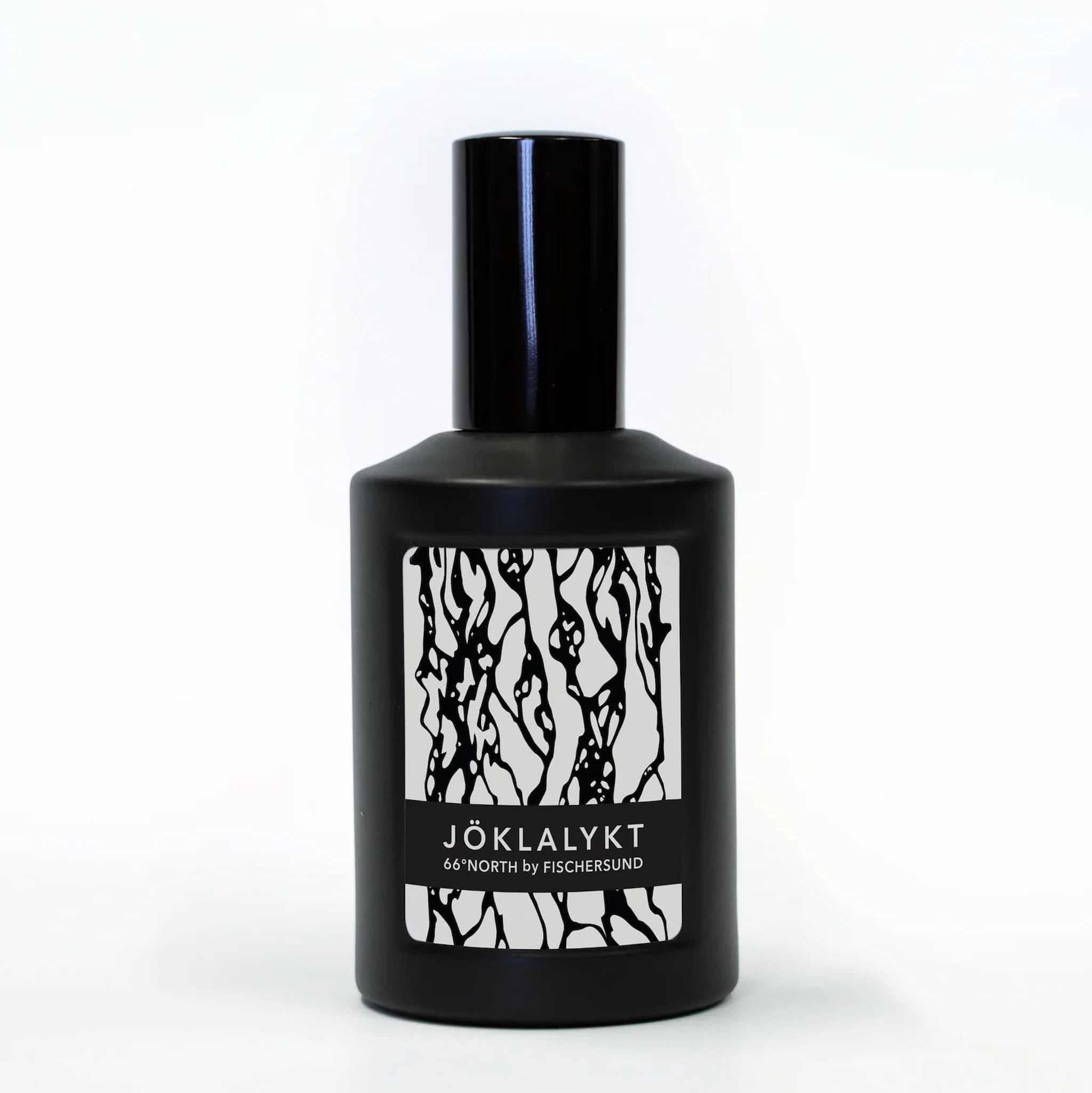 Fischersund Joklalykt black perfume bottle with a white label on a white background
