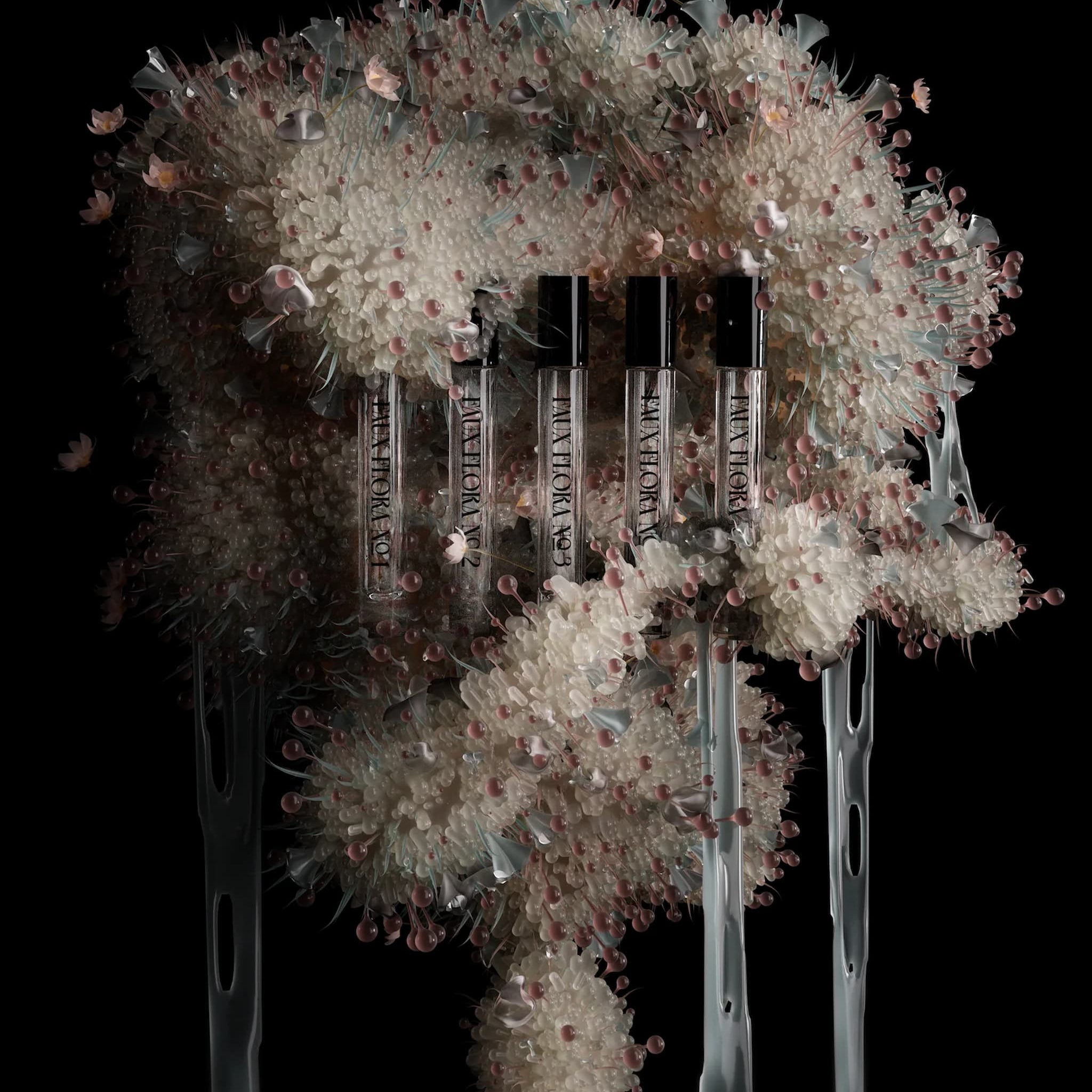 Fischersund Faux Flora perfume bottles with a decorative pink cloud on a black background