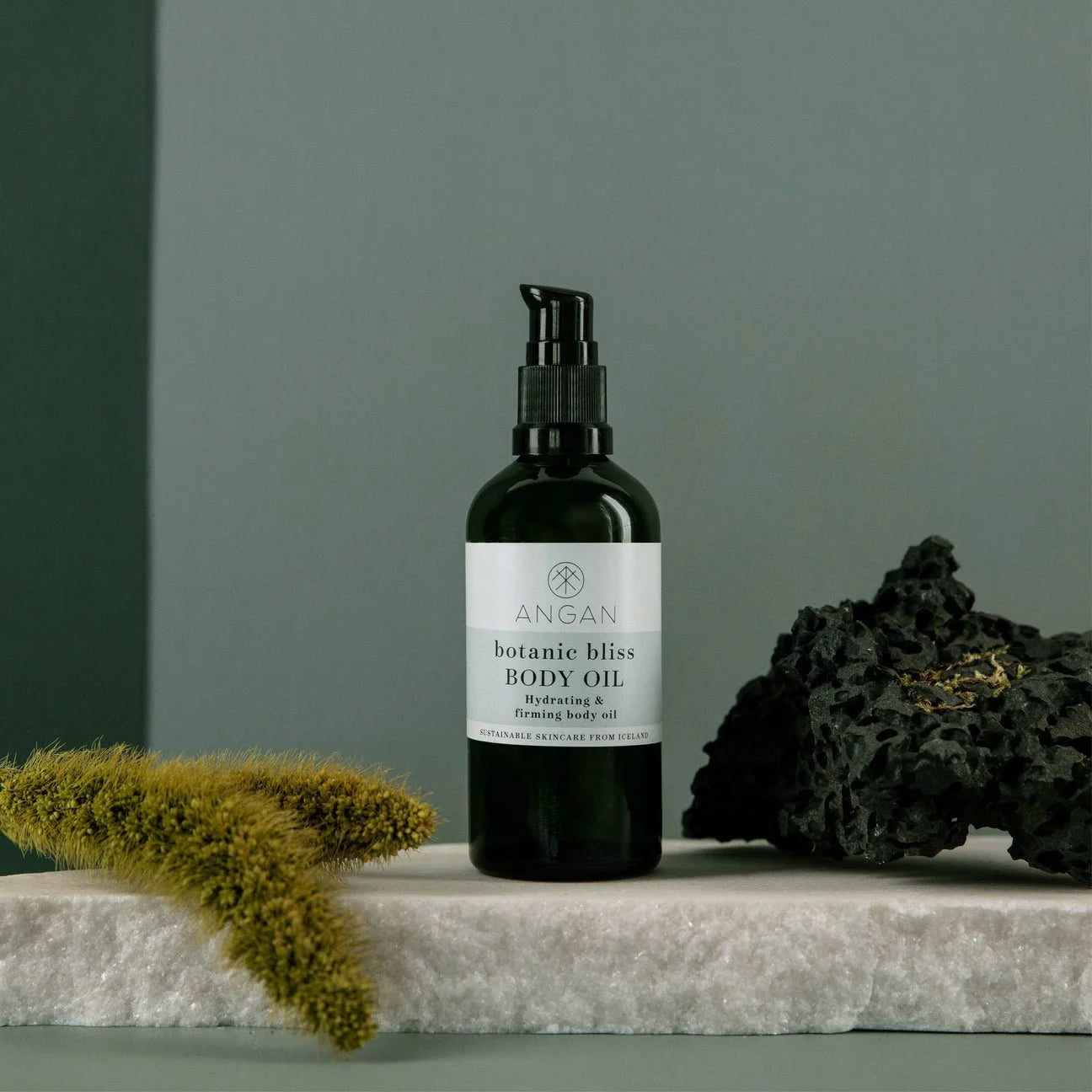 Bottle of ANGAN botanic bliss body oil on a stone surface with natural elements.