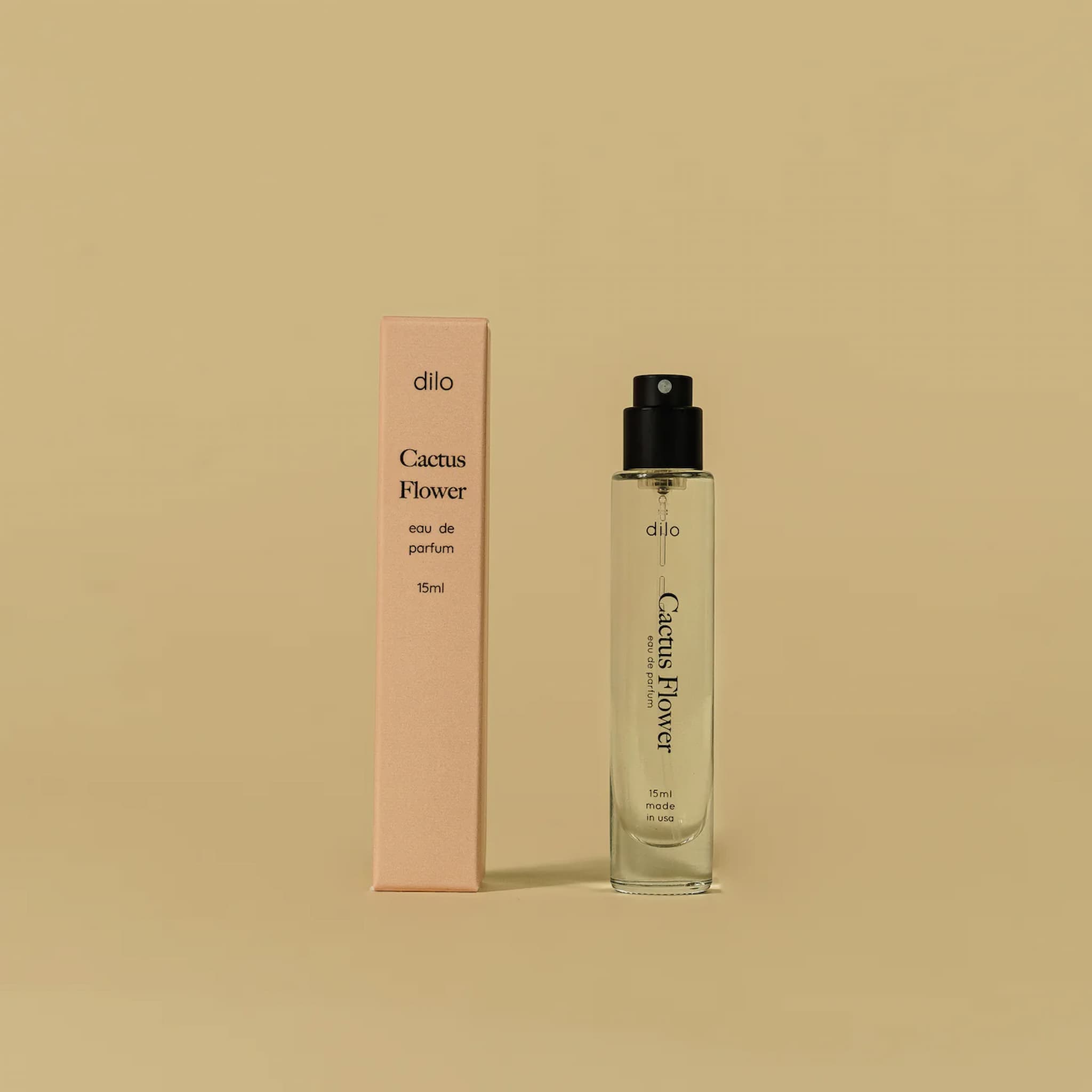 Dilo Cactus Flower perfume bottle and packaging on a beige background