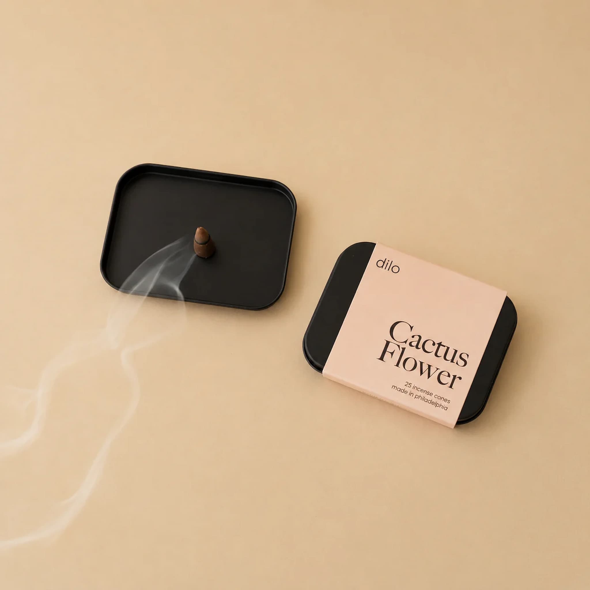 Incense cone with a black holder and 'dilo Cactus Flower' packaging on a beige background