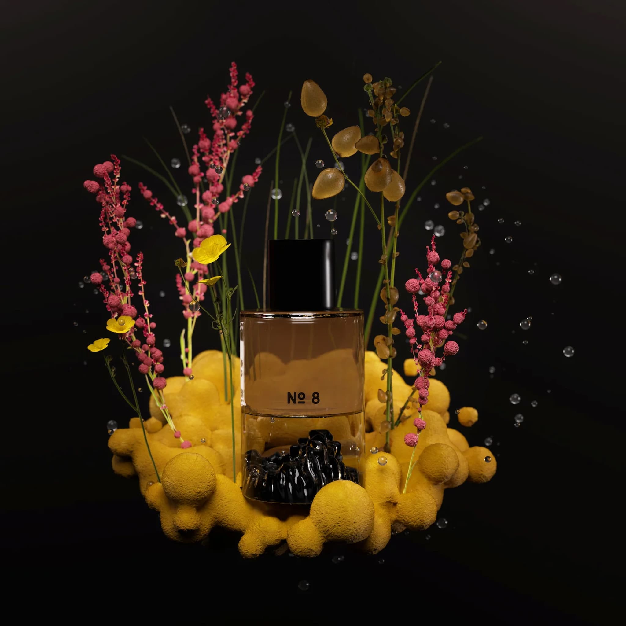 Fischersund perfume bottle labeled 'No. 8' surrounded by yellow and pink flowers on a black background
