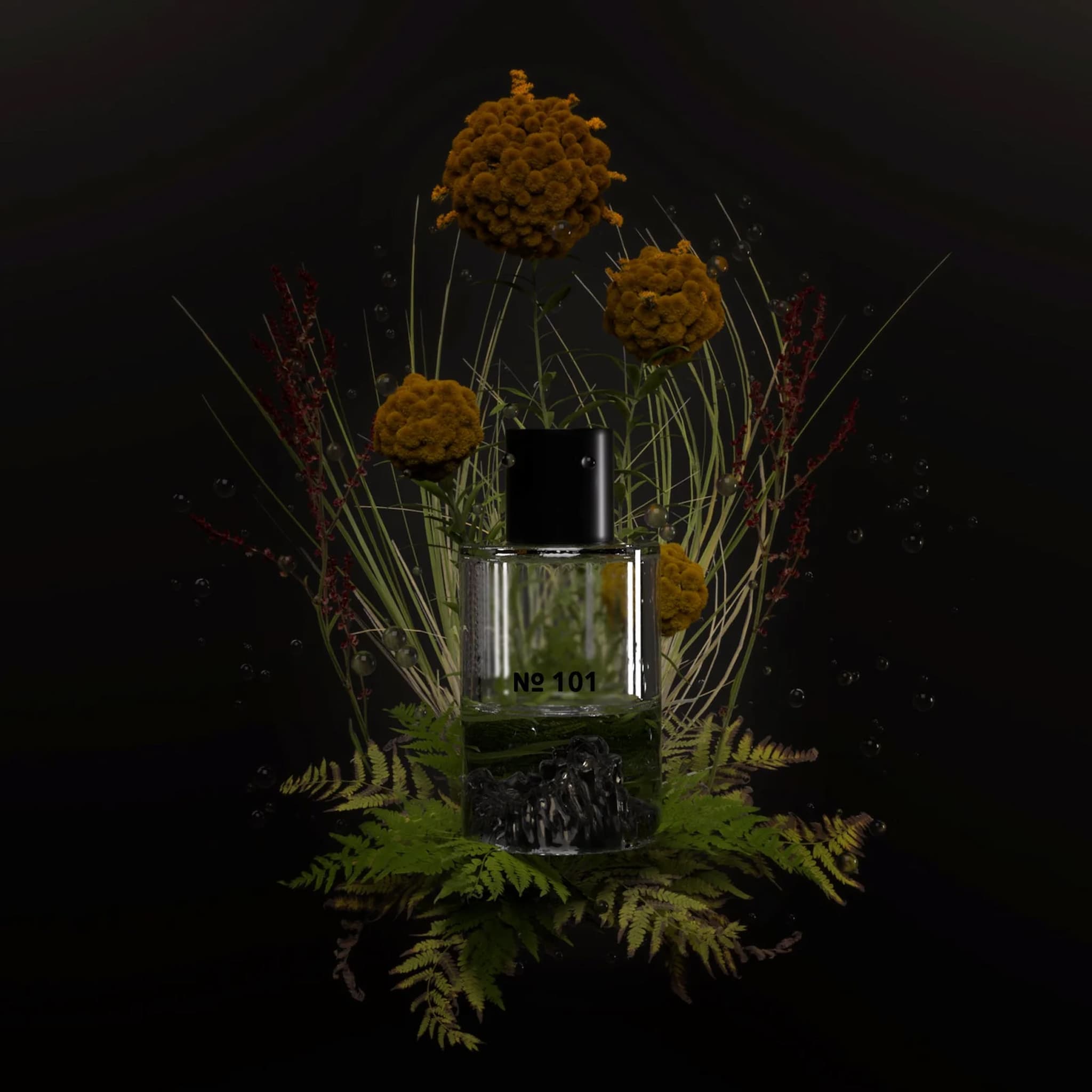 Fischersund perfume bottle with flowers and leaves on a dark background