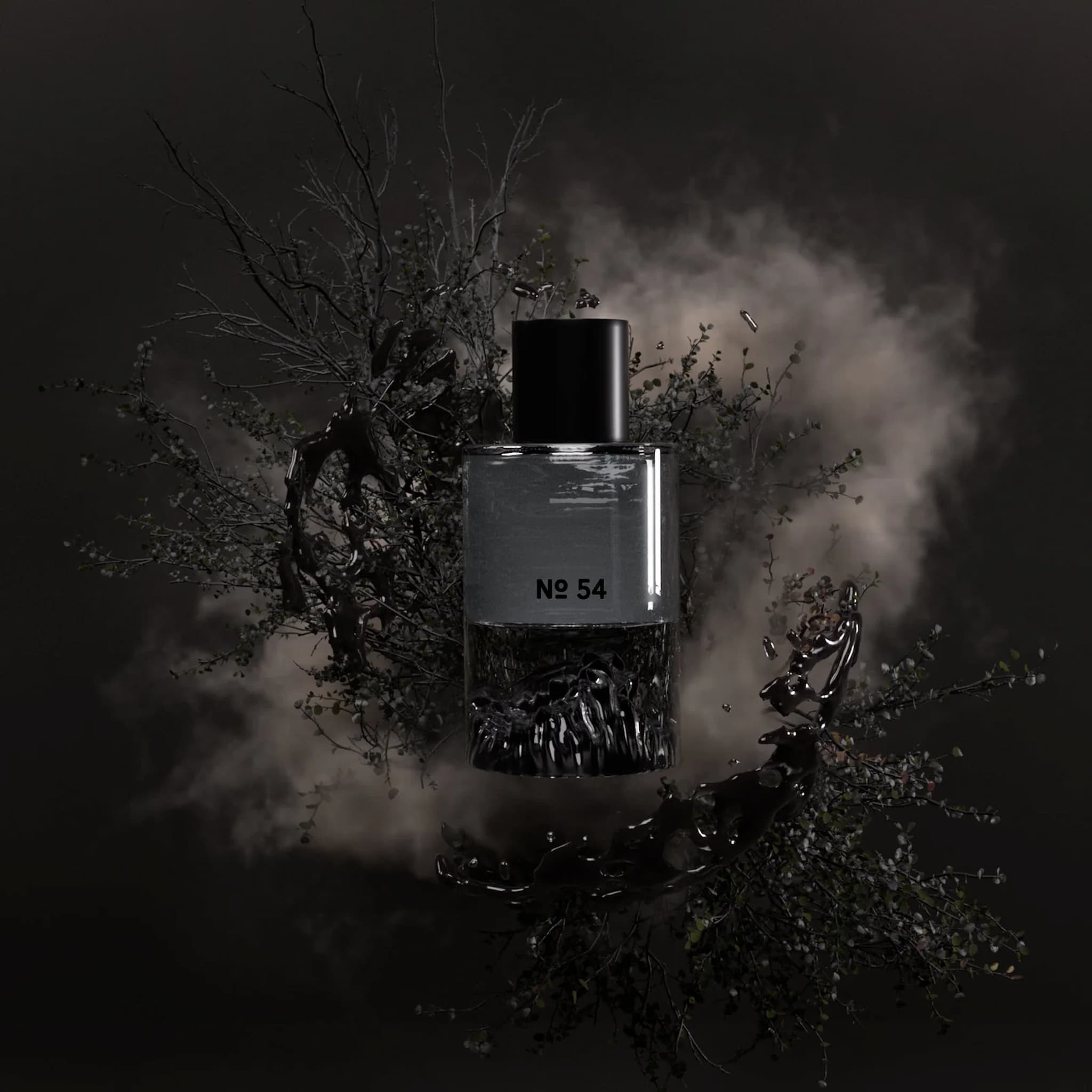 Fischersund perfume bottle labeled 'No 54' surrounded by branches and smoke on a dark background