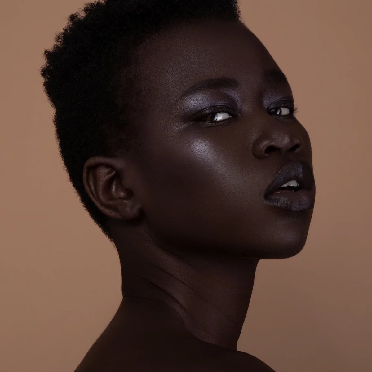 A model posing against a brown background, wearing Rituel de Fille Inner Glow Creme Pigment in "Eclipse".