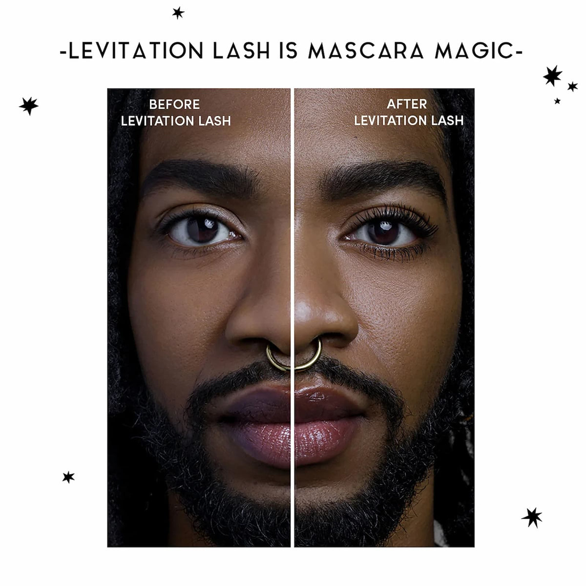 A before and after image of a model's face, showing the before and after of Rituel de Dille Levitation Lash mascara. Text above the photo reads: Levitation Lash is mascara magic.