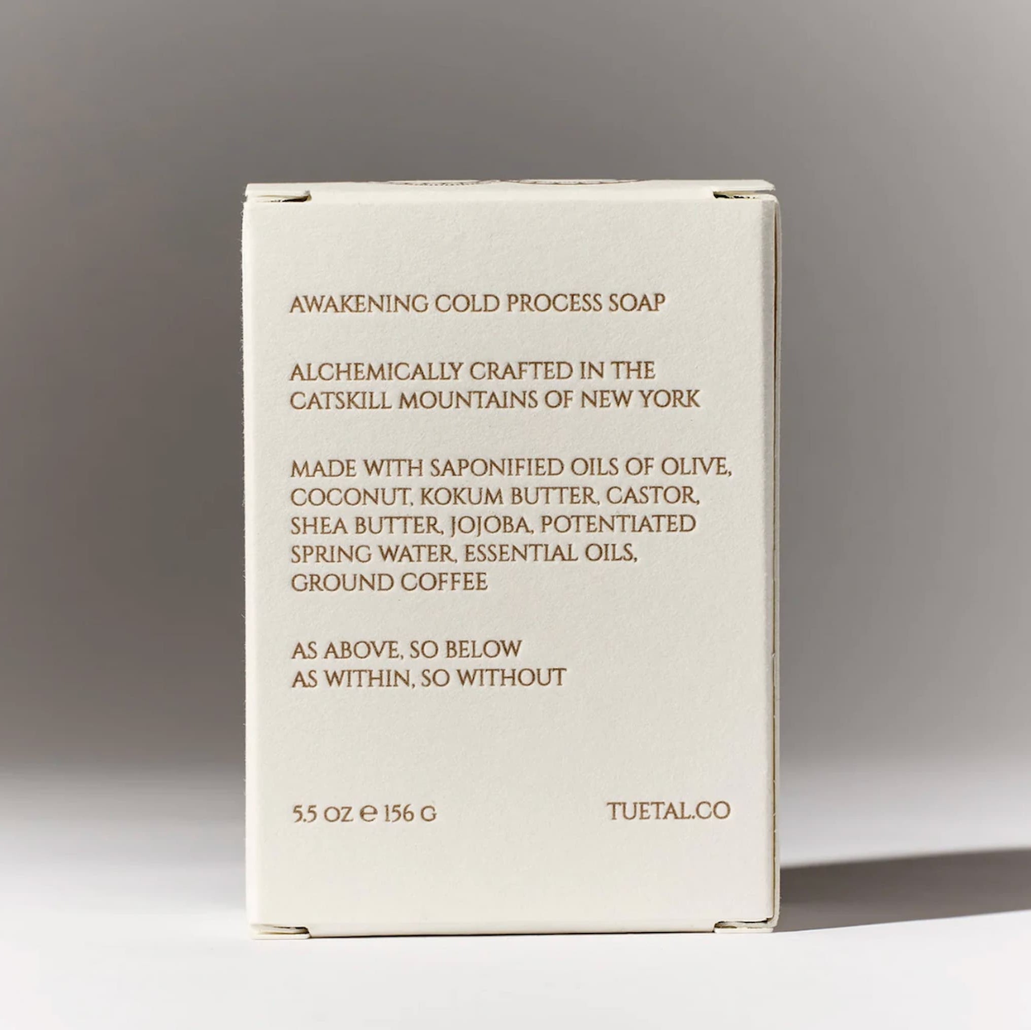 The back of a box containing TU ET AL Boheme bar soap, on a gray and white background.