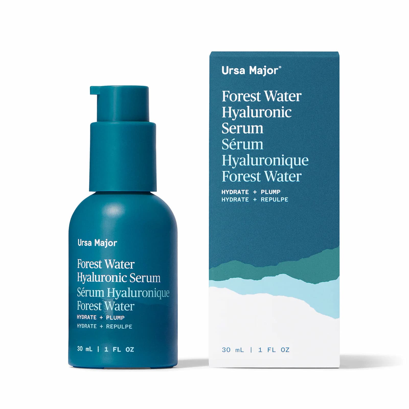 A blue bottle of Ursa Major Forest Water Hyaluronic Serum and its blue and white packaging against a white background.