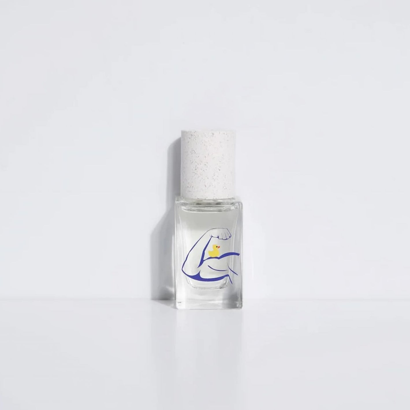 Small clear bottle with a logo on a white background