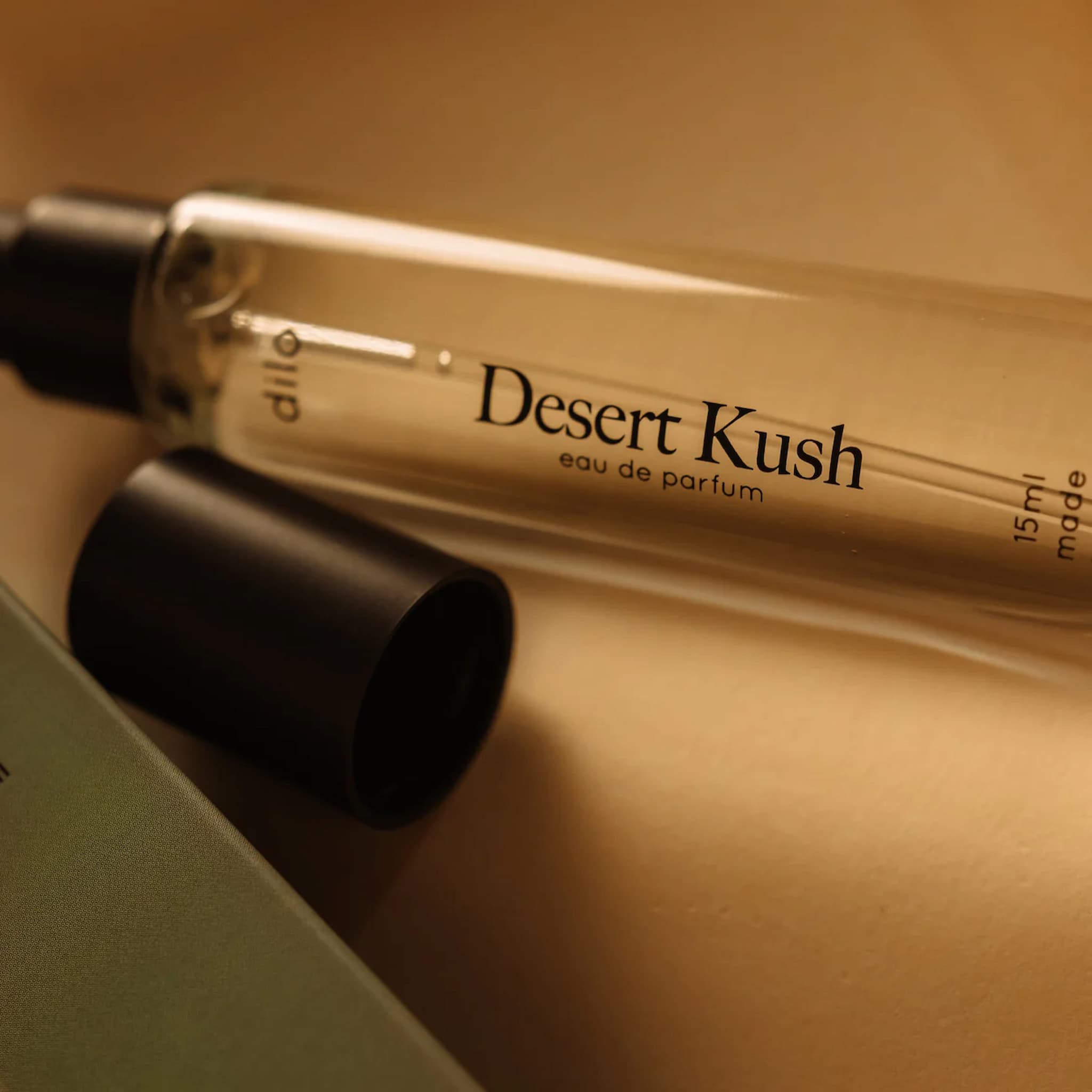 Dilo Desert Kush perfume bottle on a beige background