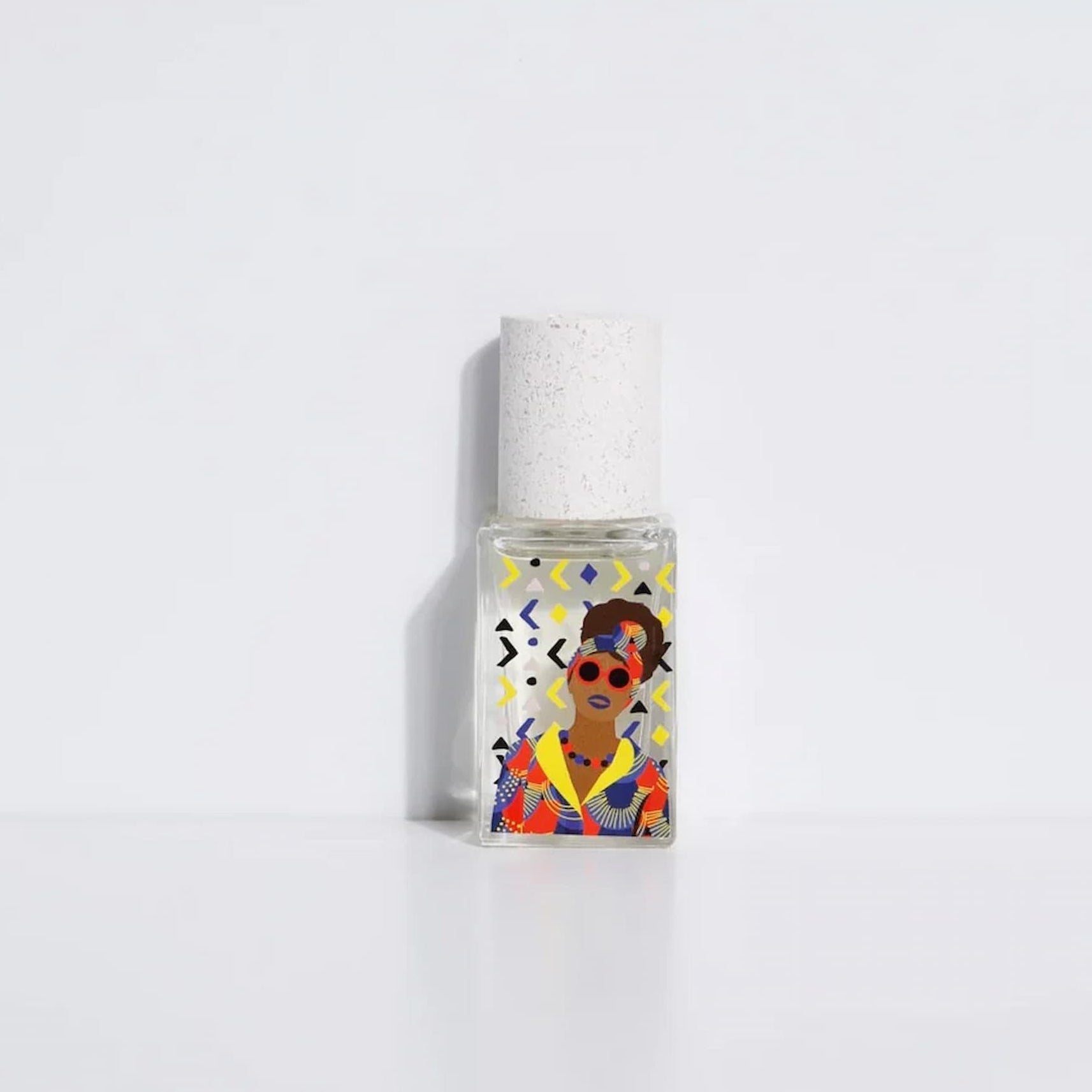 Small bottle with a colorful label featuring a person on a white background