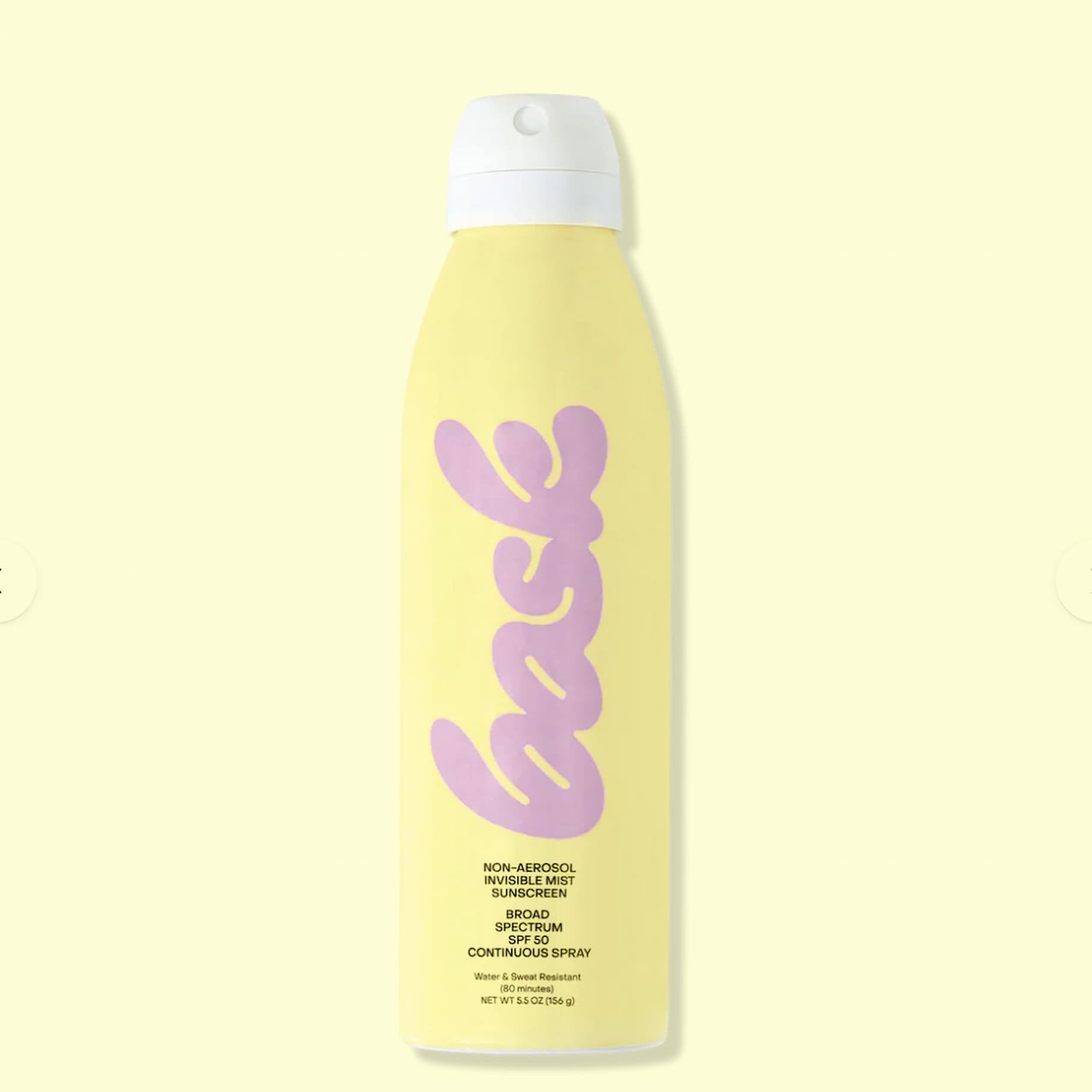 Bask SPF 50 Non-Aerosol Sunscreen Spray bottle on buttercream yellow background. 