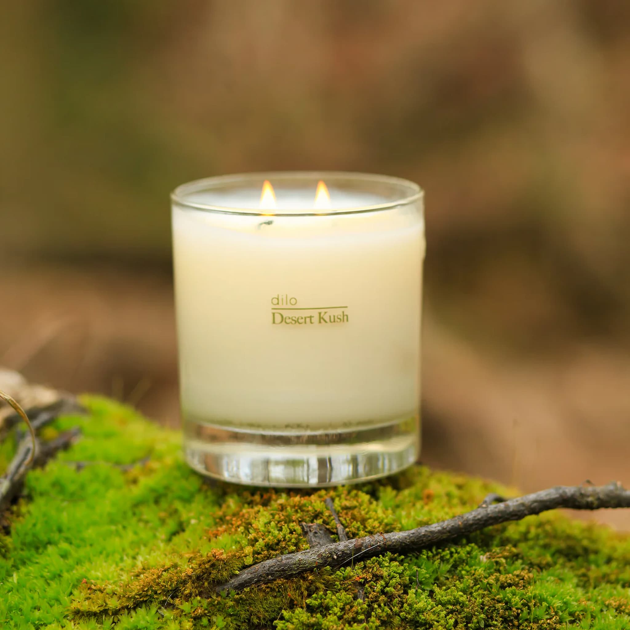 Candle labeled 'dilo Desert Kush' on a bed of green moss with a blurred natural background