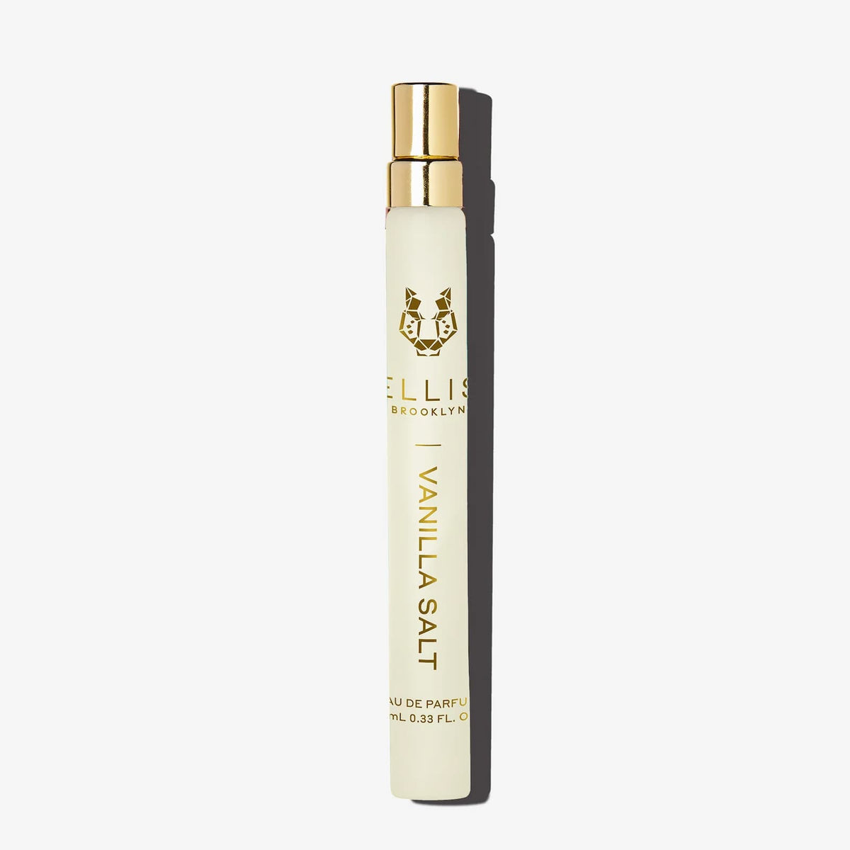A travel-sized frosted glass bottle of Ellis Brooklyn Vanilla Salt perfume, against a white background.