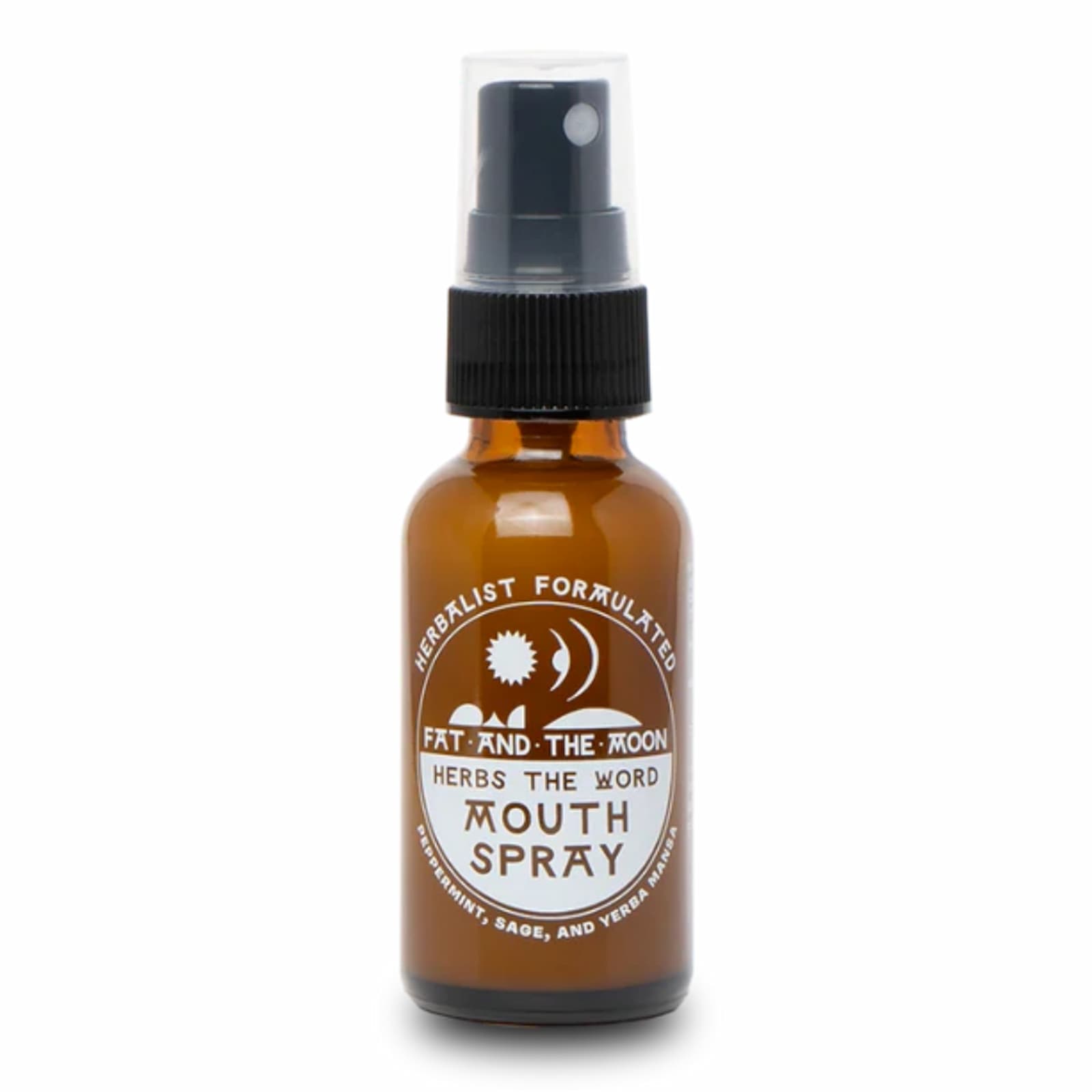 A brown bottle of Fat and the Moon Herbs the Word Mouth Spray against a white background.