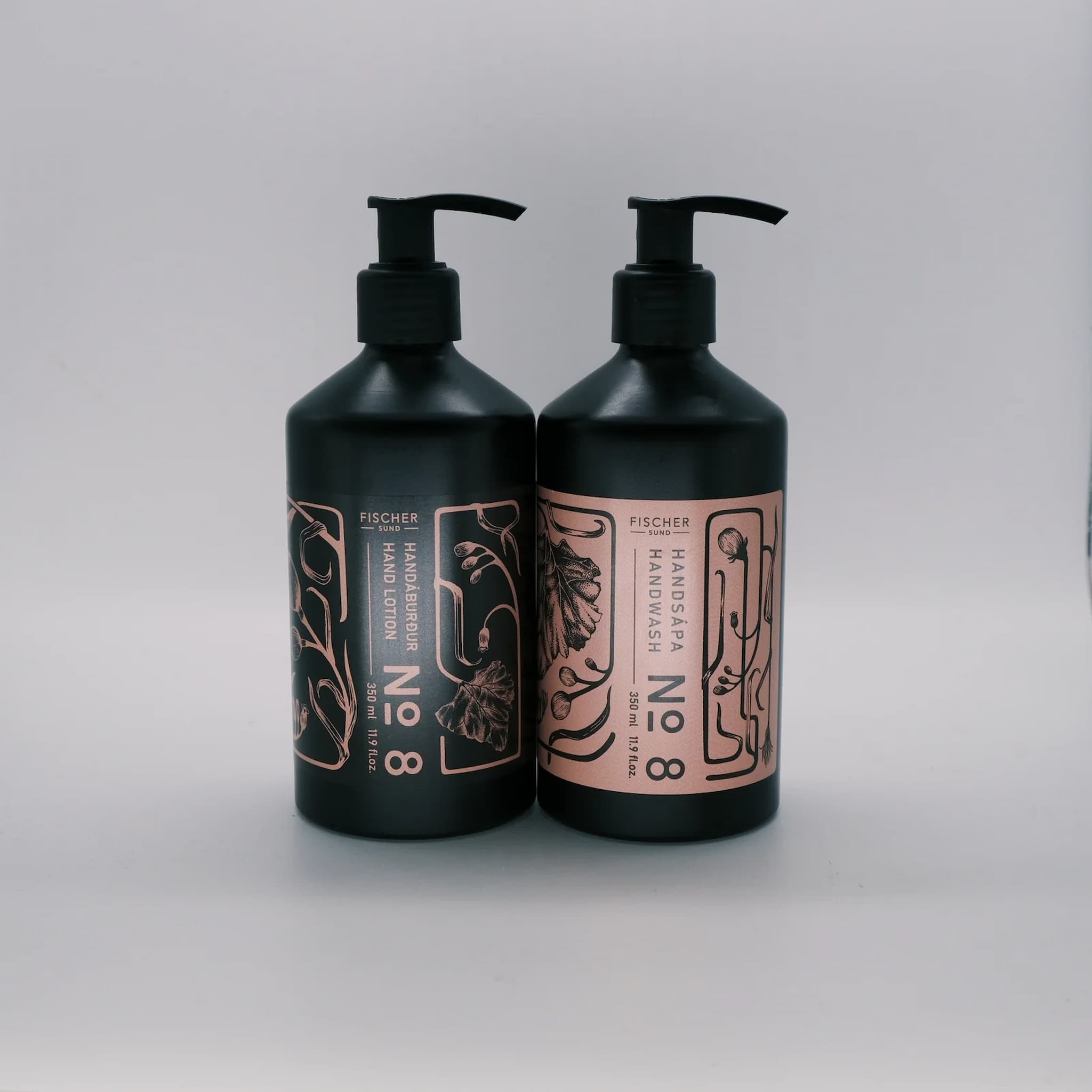 Fischersund 8 Hand Lotion and Hand Wash in black bottles on a light gray background