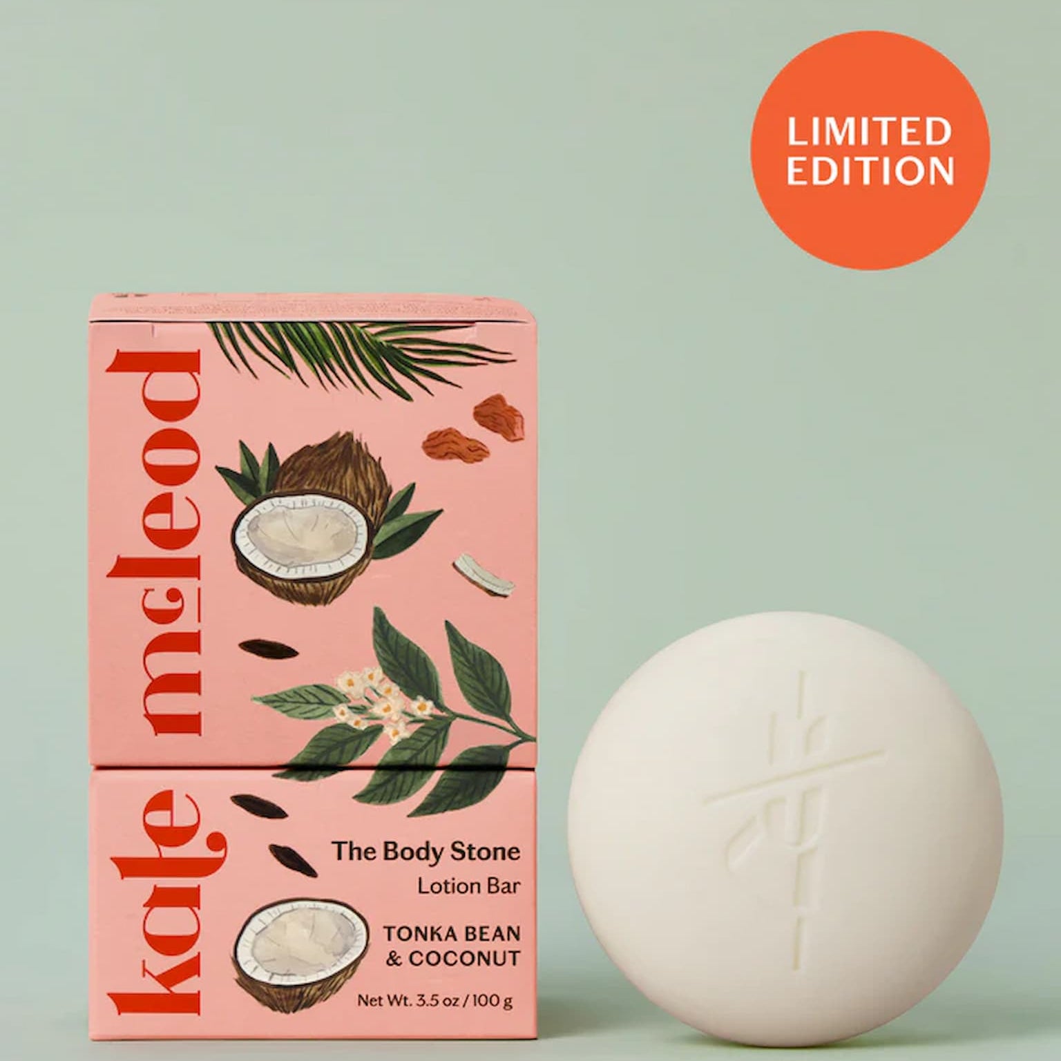 Kate McLeod Body Stone in Limited Edition Tonka Bean & Coconut scent, with packaging on an aqua colored background with "Limited Edition" in an orange circle.