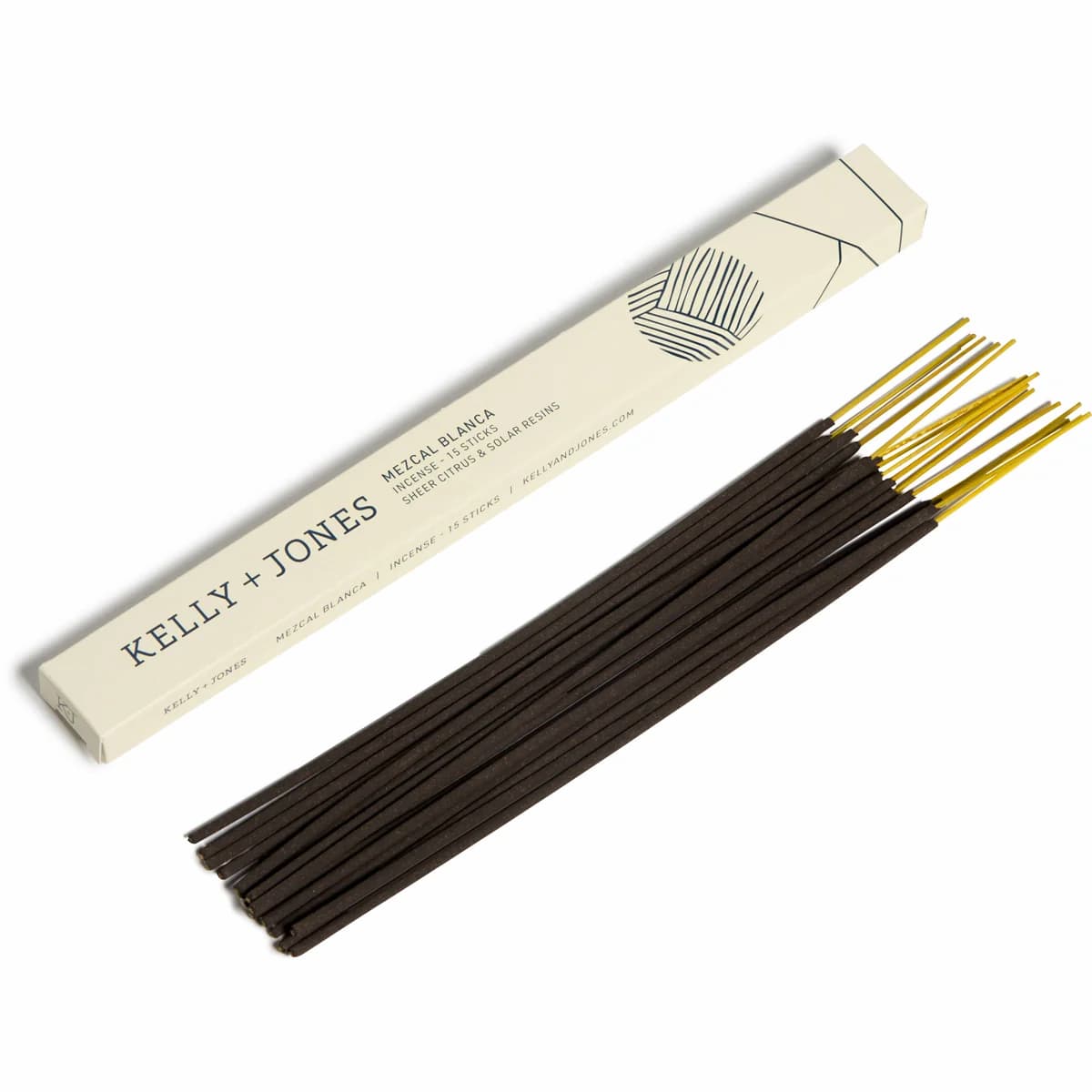 Incense sticks with packaging labeled 'Kelly + Jones' on a white background.