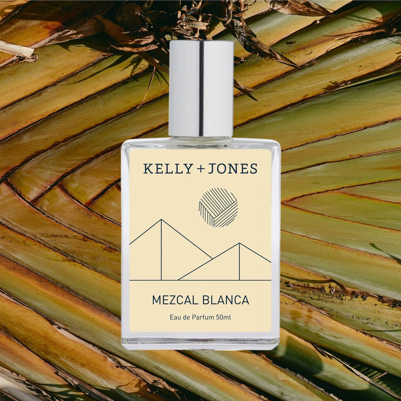 Perfume bottle labeled 'Kelly + Jones Mezcal Blanca' on a palm leaf background.
