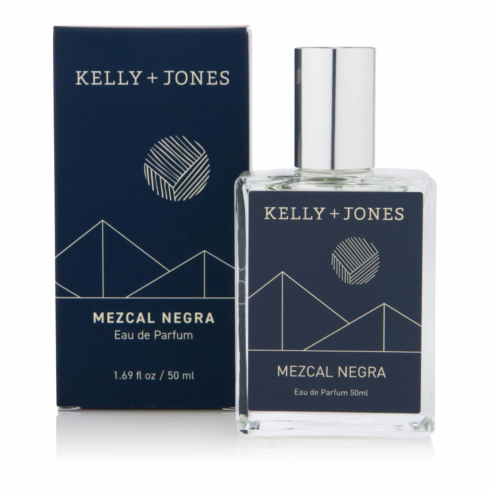 Kelly + Jones Mezcal Negra Eau de Parfum 50ml bottle with its dark blue packaging box, featuring a silver cap and minimalist geometric label design.