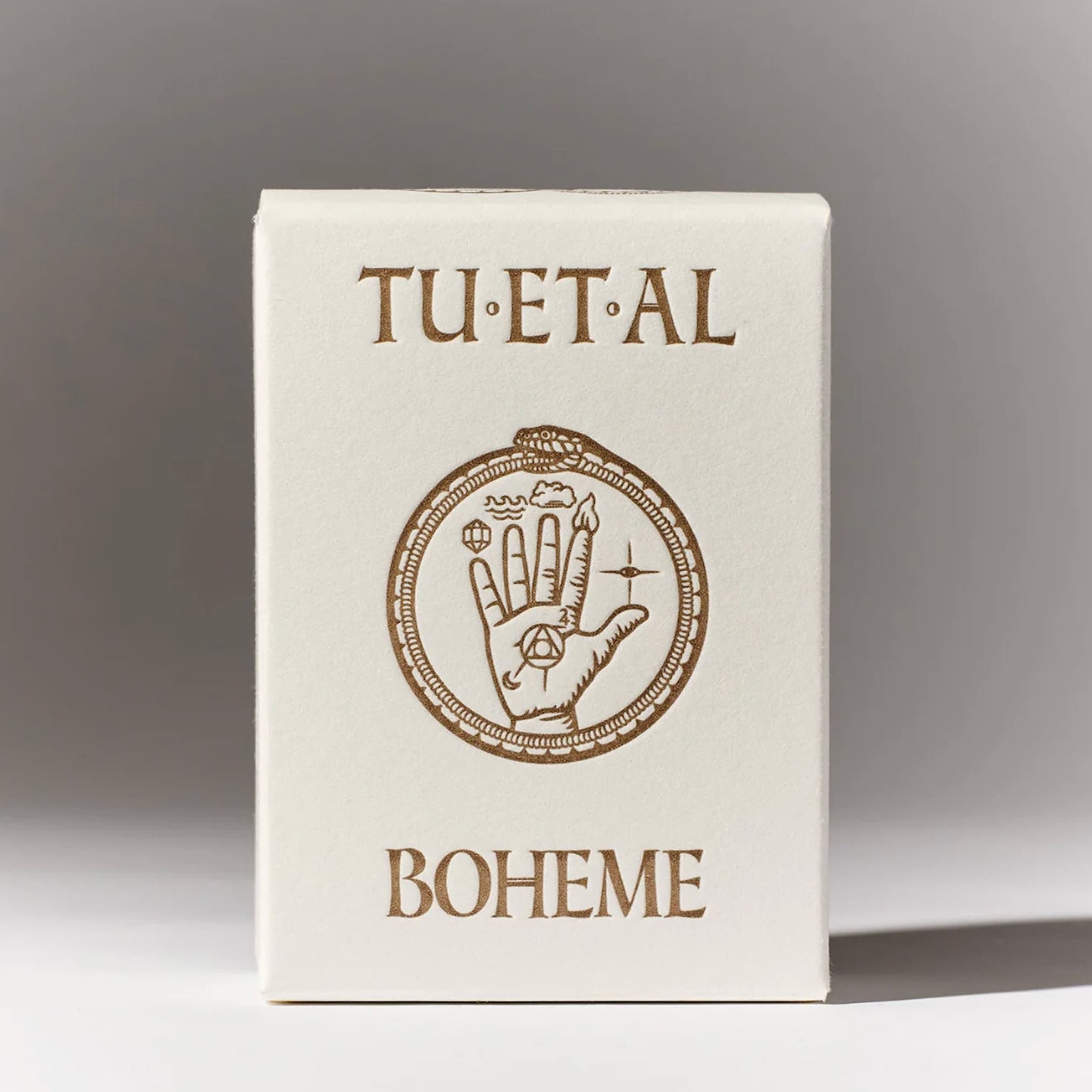 A white box of bar soap that reads TU ET AL BOHEME, on a gray and white background.