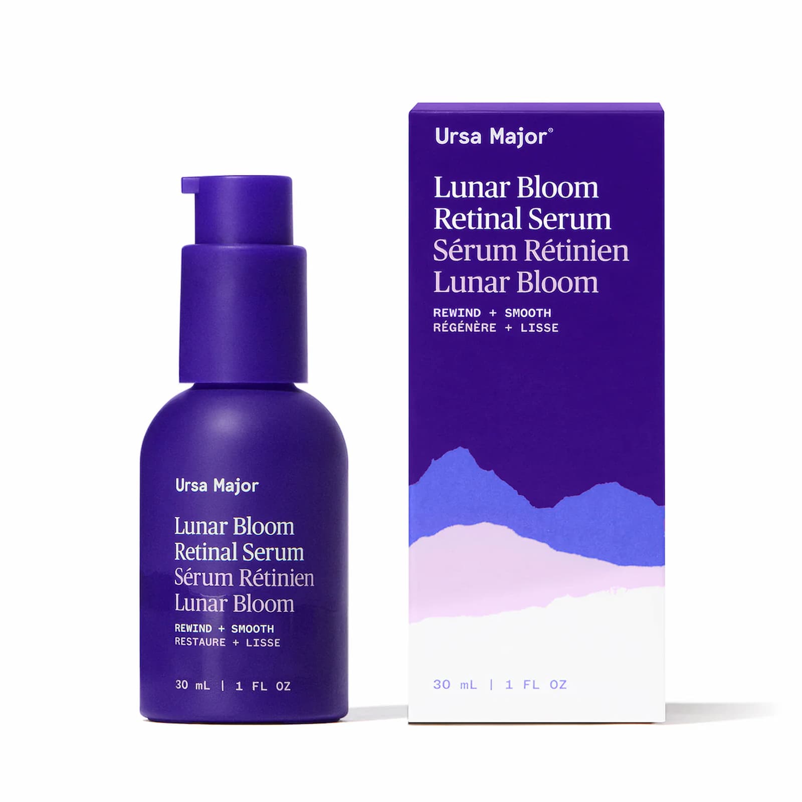 A purple bottle of Ursa Major Lunar Bloom Retinal Serum next to the box packaging for the product.